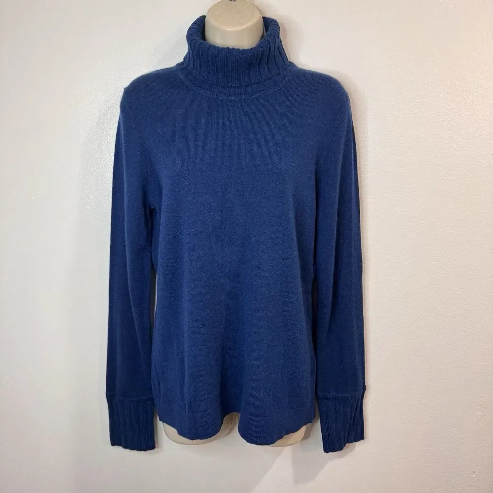 NWT Kinross 100% Cashmere Sweater L Turtleneck $311 Teal Blue Soft Knit Ribbed